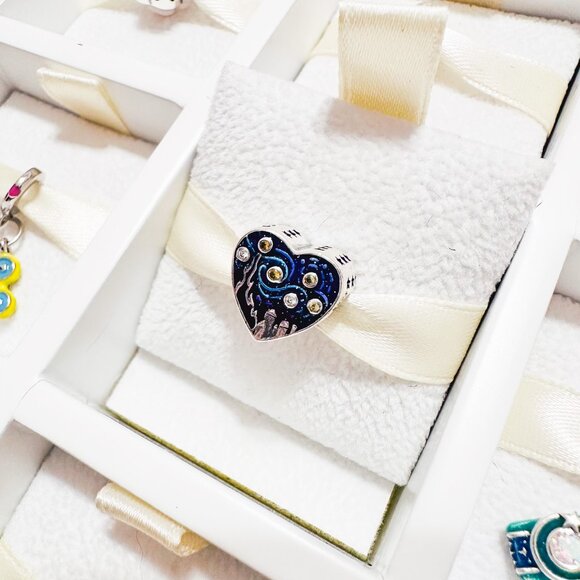 925 Sterling Silver Van Gogh Starry Night Heart Charm Fits Charm Bracelets - Picture 4 of 8